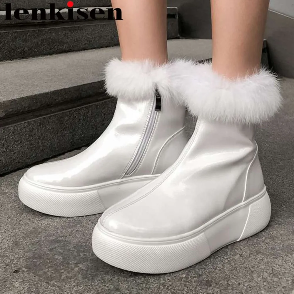

Soft rabbit fur decoration zipper round toe thick med bottom waterproof cow patent leather british school winter snow boots L66