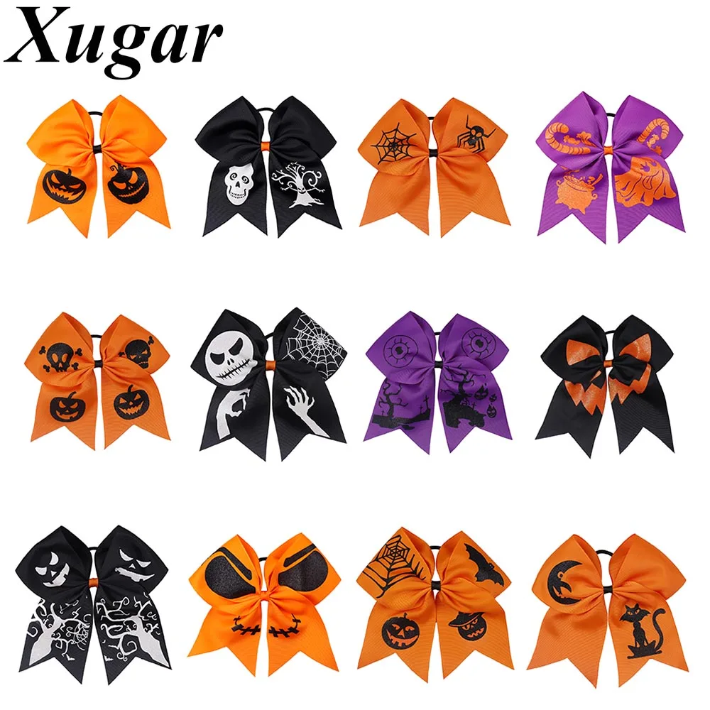 

1PC 7" Halloween Cheer Bows for Girls Hairbows Pumpkin Printed Ribbon Elastic Hair Band Children Hair Tie Hair Accessories