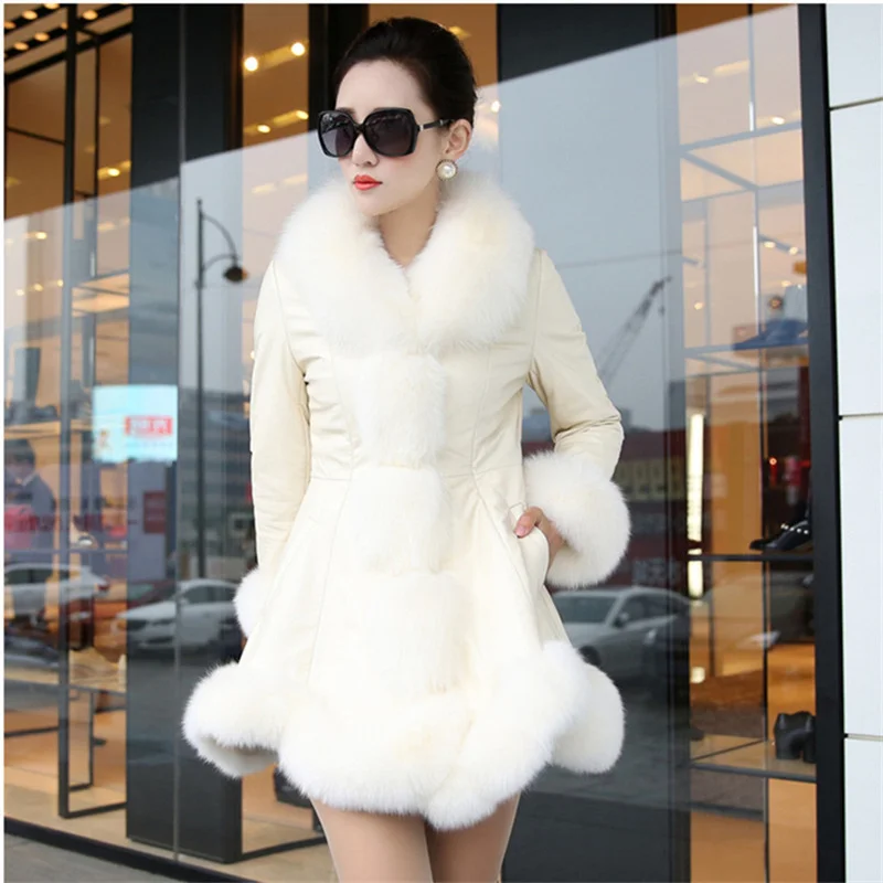 Для женщин кожа Jacket2018Warm зимняя куртка 6XL плюс Размеры из искусственной кожи с искусственным мехом, Пальто Длинные Синтетические волосы лисий мех меховой воротник пальто