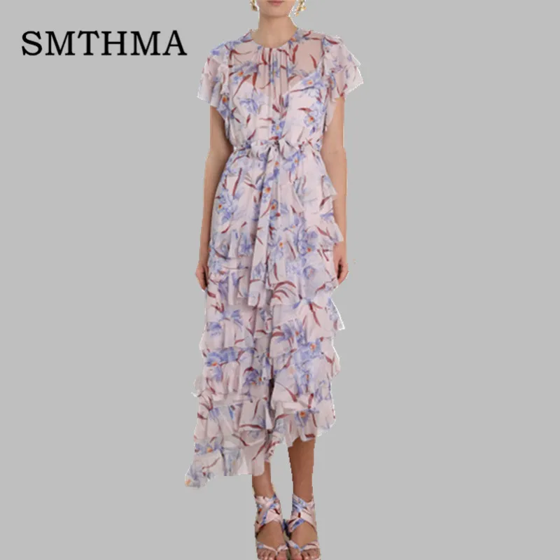 

SMTHMA Bohemian Purple Floral Printed Beach Dress 2019 Women Summer Runway Elegant Cascading Ruffle Maxi Dress