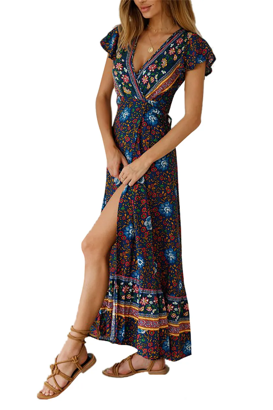 Gladiolus Bohemian Women Summer Dress Short Sleeve V Neck Floral Print Belt Tunic Split Sexy Beach Dresses Women 2019 Maxi Dress (33)