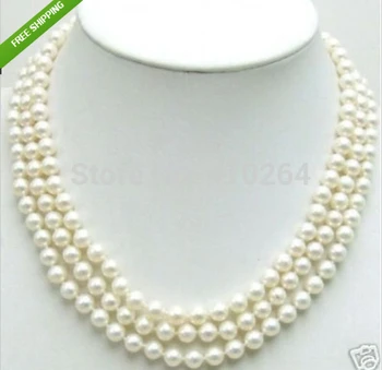 

$wholesale_jewelry_wig$ free shipping AAA+ 3 Row 8MM White PEARL NECKLACE &14K AClasp