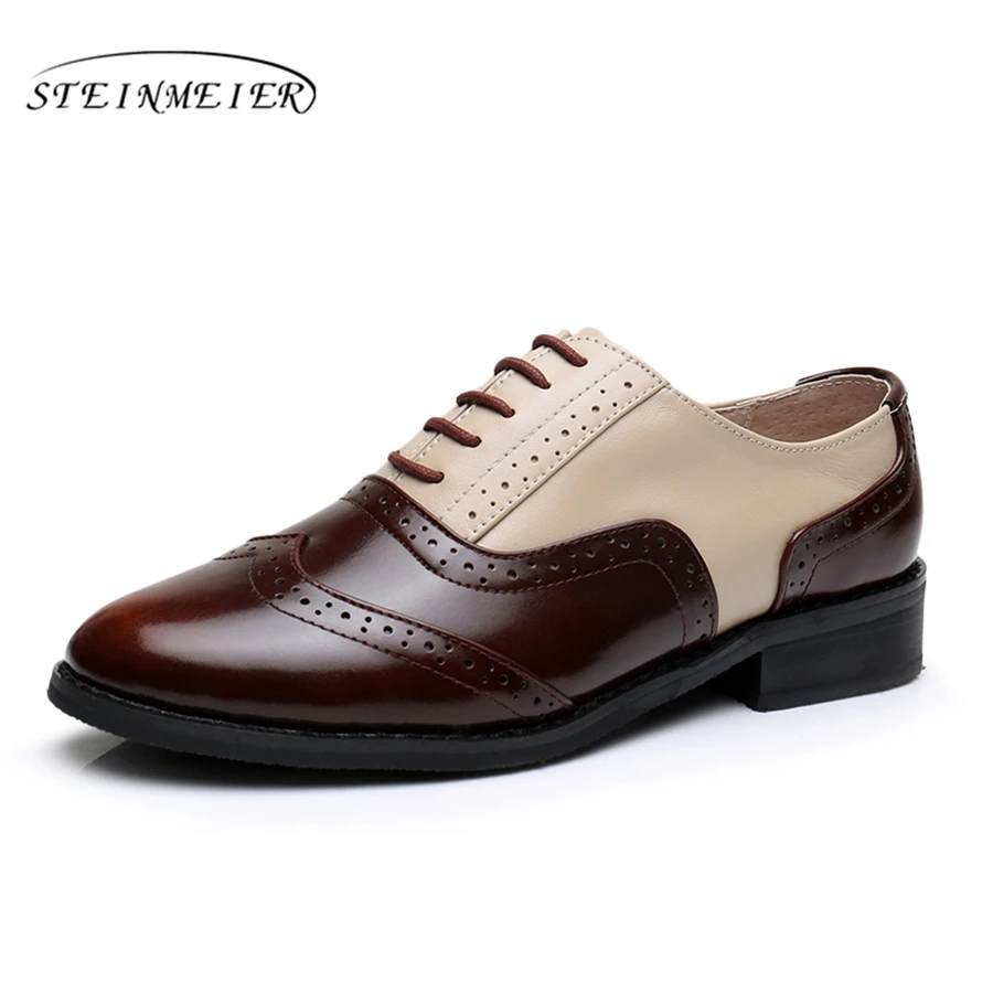 comprar Couro genuíno grande mulher do tamanho DOS EUA 11 designer sapatos baixos dedo do pé redondo do vintage handmade brown bege 2018 sapatos oxford para mulheres de pele