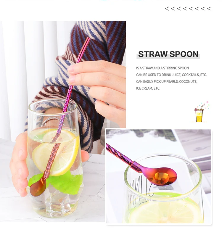 Drinking Spoon Straws Elegant life Reusable Metal Stainless Steel Drinking Straw with Spoon 8 Inch Food-Grade Long Spoons Set of 12 with 2 Cleaning Brushes Use for Home Café Office Restaurant 