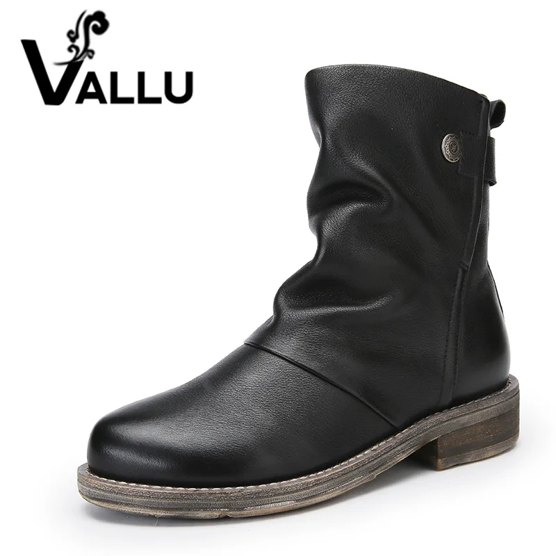 Goedkoop VALLU 2018 Handgemaakte Vrouwen Schoenen Enkellaarsjes Echt Leer Geplooide Ronde Tenen Lage Hakken Originele Natuurlijke Lederen Dames Laarzen