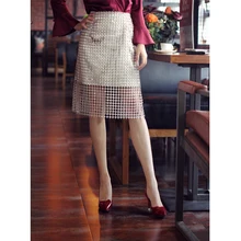 Винтаж PA Кружево юбка металлик абрикос Кружево вставка блесток выдалбливают трапециевидной формы до колена Длина Высокая талия Простой крой Юбки для женщин для женщин