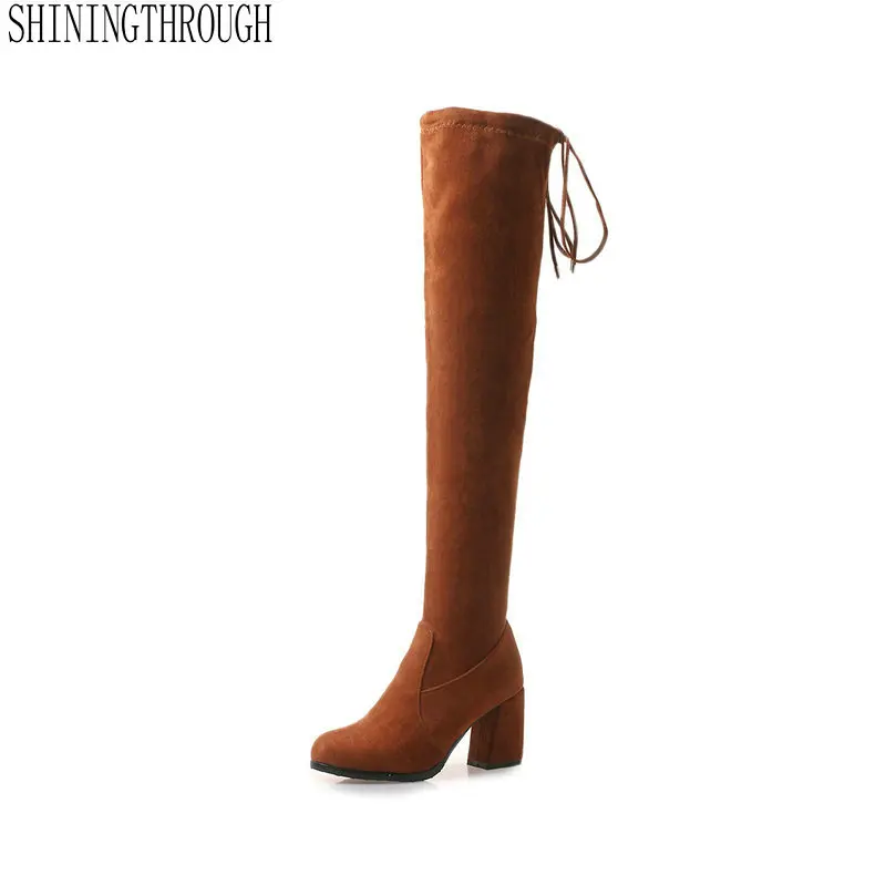 

Ladies Autumn/Spring Shoes 7.5cm High Heel Women Over The Knee Boots Scrub Black Woman Motorcycle Boots Size 34-43
