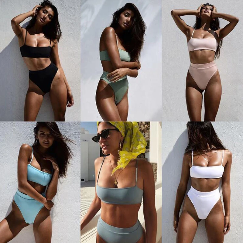 

2019 Hot Sale Solid Straps Bikinis High Waist Swimwear Women White Swimsuit Bathing Suit Brazilian Bikini Push Up