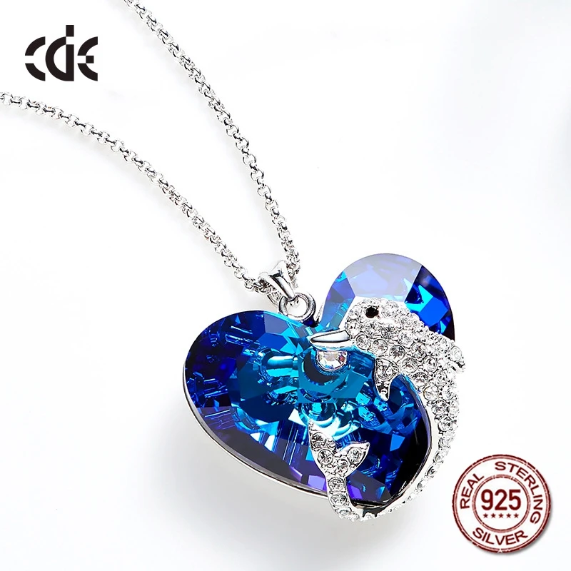 

100% S925 Sterling Silver Heart & Dolphin Rhinestone Crystals from Swarovski Necklace for Women Valentine's Day Gift Jewelry