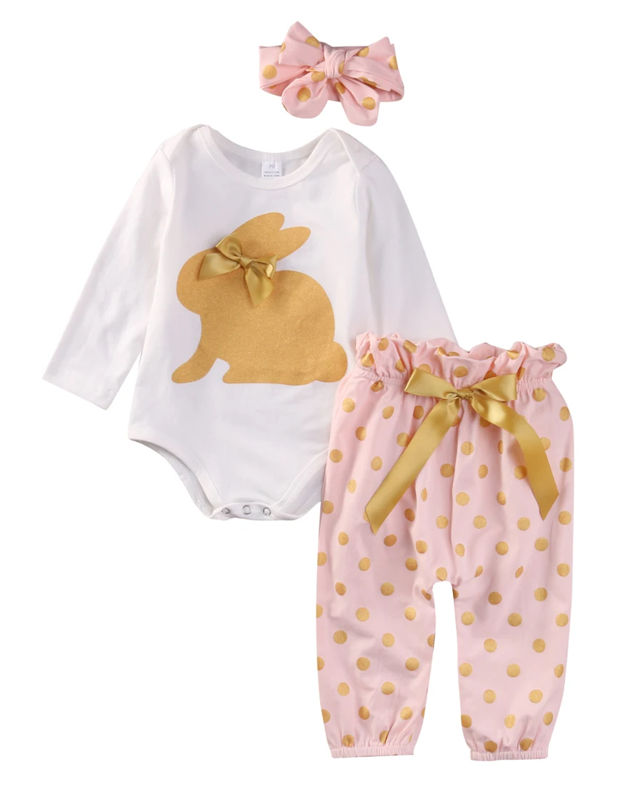 3 предмета, ткань для новорожденных, комплект одежды для маленьких девочек, золотисто-белый комбинезон+ Длинные розовые штаны в горошек с большим бантом, леггинсы, комплект одежды