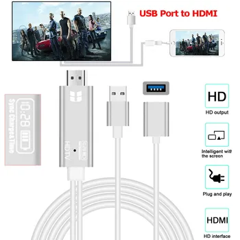 

2 in1 USB 2.0 to HDMI 4K HD 1080P Digital HDTV AV TV Adapter Cable Cord for iPhone XS /XS MAX/XR with Charge Time Display 29#