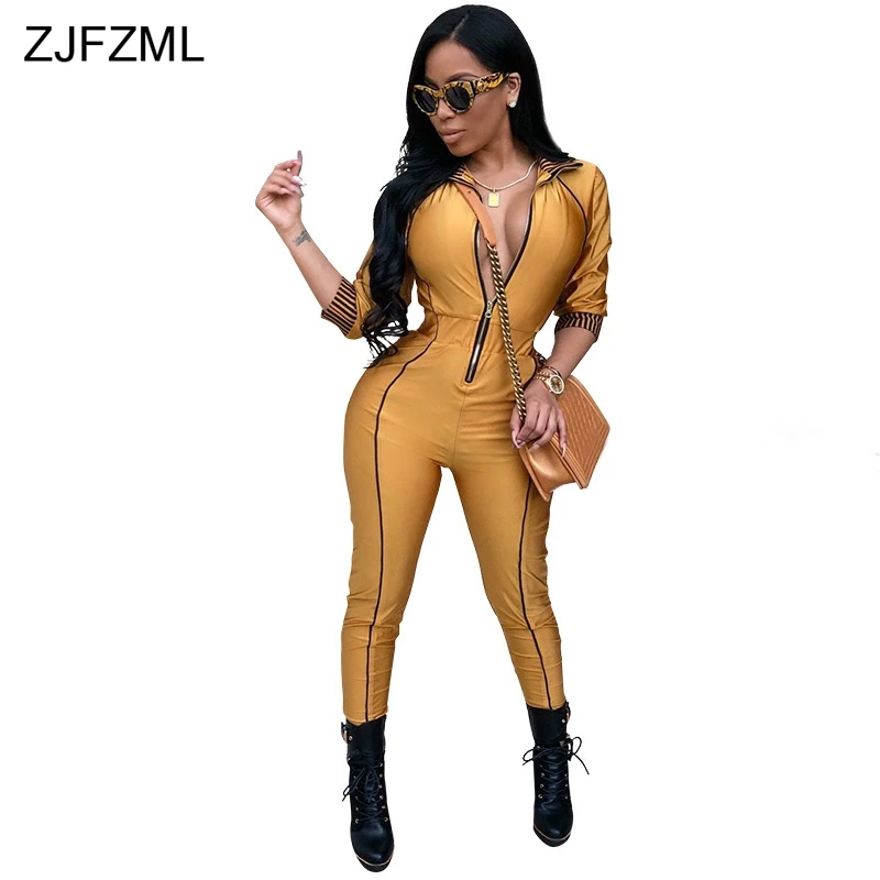 ZJFZML Plus Size Jumpsuit For Women 2018 Casual 3/4 Sleeve Turn-Down Collar Plus Size Catsuit Autumn Front Zipper Bandage Romper