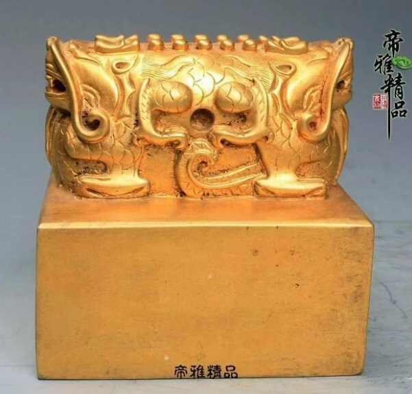 

Chinese Bronze Copper 24K Gold Gild Foo Dog Dragon kylin Beast Stamp Seal Statue Statue