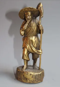 

7.9" Chinese Brass Dynasty Happy Laugh Old Man Fisherman Fisher Hold Fish Statue