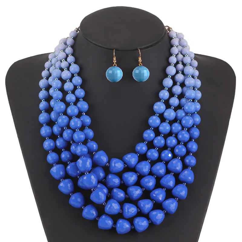 

2018 New Ethnic Boho Acrylic Bohemian Jewelry Sets for Women Multi Layer Strand African Beads Beaded Gradient Necklace Earrings