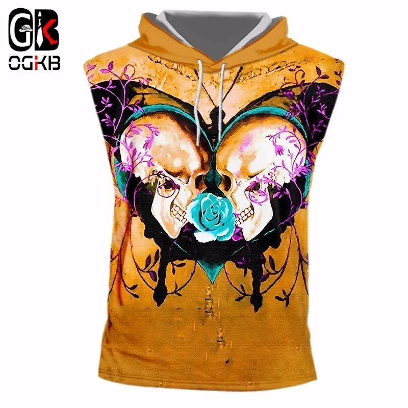 OGKB Sleeveless Men Fashion O Neck 3D Shirt Printed Skull Butterfly Funny 5XL 6XL Hooded Vest Homme Undershirt Slim Hat Tank Top | Мужская