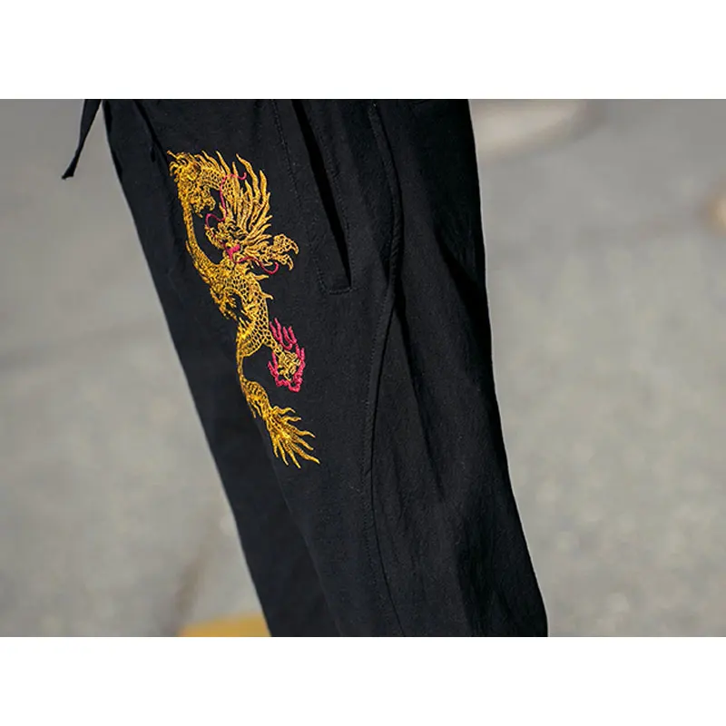Китайский стиль ретро золотой дракон вышивка брюки мужские весна свободные Drawstring мужские повседневные спортивные штаны брюки плюс размер