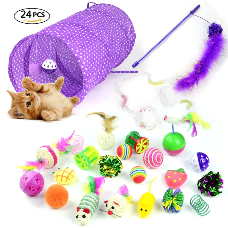 Cat Toy 24Pcs/Set Pet Kit Collapsible Tunnel Cat toy Fun Bell Feather Mice Shape Pet Kitten Dog Cat Interactive Play Supplies