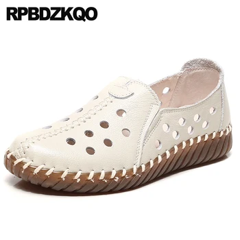 

handmade slip on sandals hollow out breathable white flats genuine leather round toe large size women wide fit shoes ladies soft
