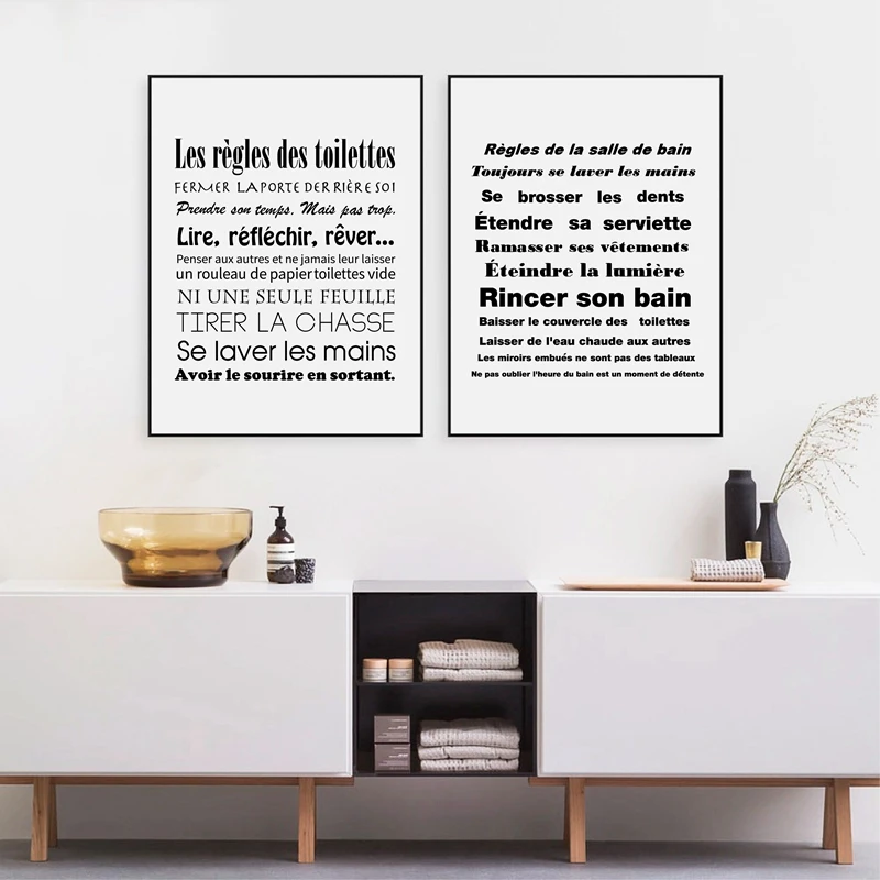 Affiche En Toile Avec Citation Des Regles De La Salle De Bain Francaise Decor D Art Moderne Minimaliste Noir Et Blanc Aliexpress