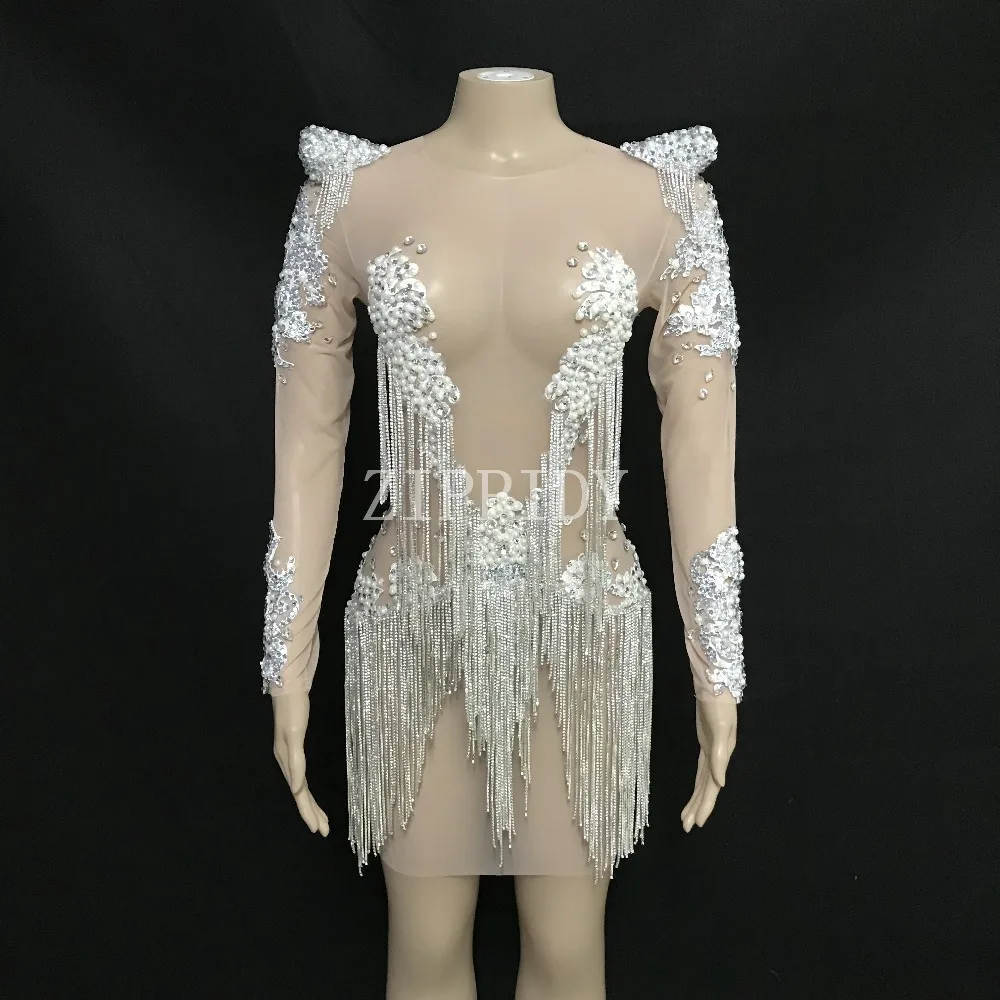 Summer Mesh Sexy Pearls Crystals Chains Dress See