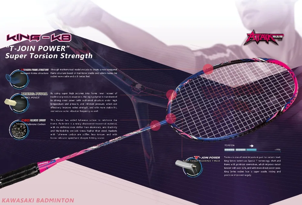 Kawasaki King K8 ракетки для бадминтона Frame30T наступление Тип профиля Frame Структура углерода ракетка для любительского промежуточного игрока