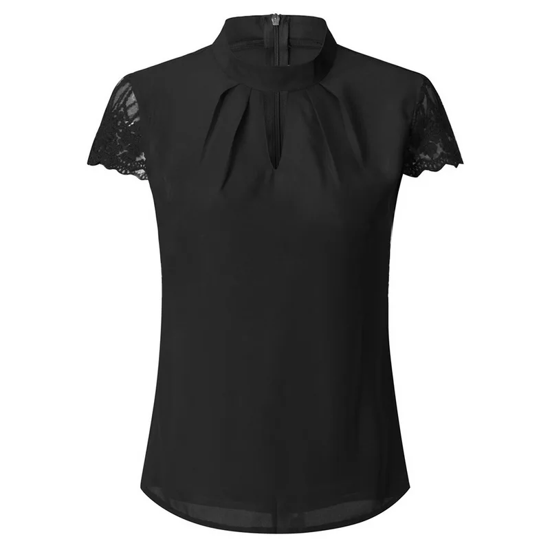 Женские сексуальные футболки для бега полые белые шифоновые топы с коротким рукавом, кружевные топы Рубашки Блузы Mujer De Moda, большие размеры 3XL - Цвет: Черный