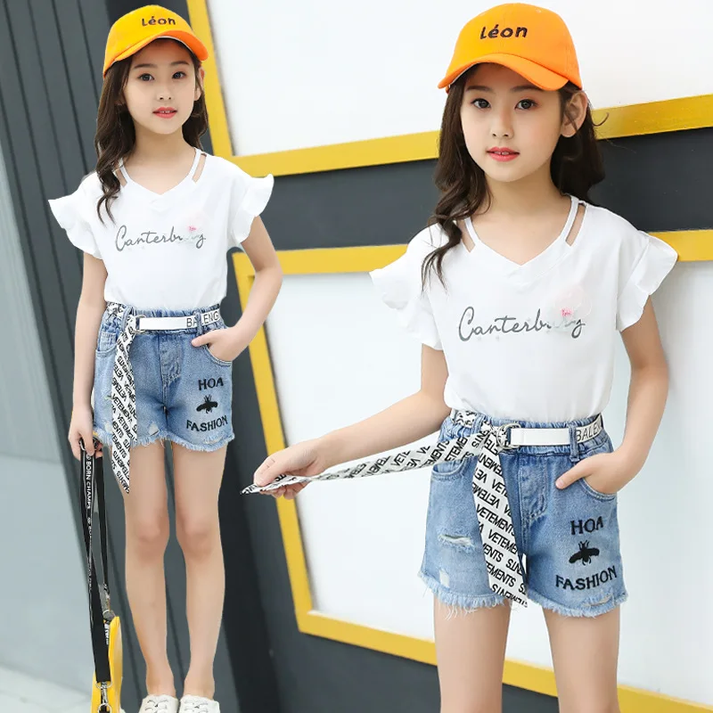 

Kids Clothes Girls 10 12 Years Princess Flower White T-shirts + Denim Shorts Set 2pcs Boutique Kids Clothing Summer Toddler Suit