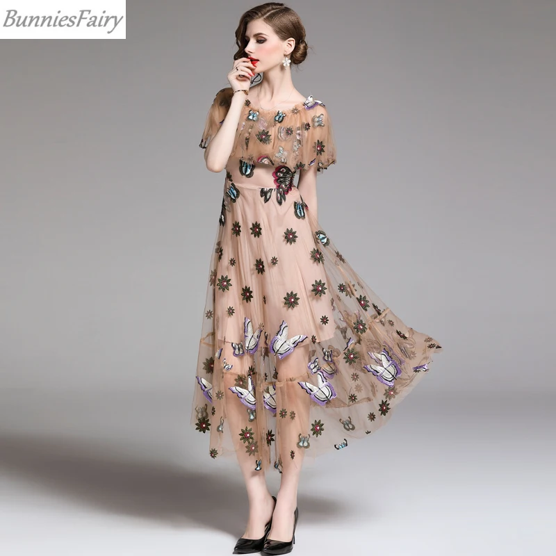 

BunniesFairy 2019 Summer Women Bohemian Boho Heavy Industry Butterflies Floral Embroidery Mesh Midi Dress Ruffles Holiday Beach