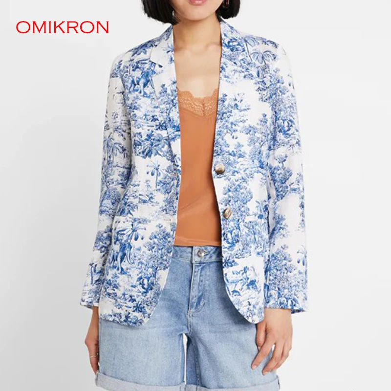 

OMIKRON Vintage Single Breasted Office Ladies Long Sleeve Loose Temperament Blue Print Suit Coat Jacket Women Blazers Female