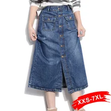 Высокая талия размера плюс кнопка-вверх Длинная джинсовая прямая юбка 16 18 20 4Xl 5Xl 6Xl 7Xl светильник потертые синие джинсовые юбки с карманами