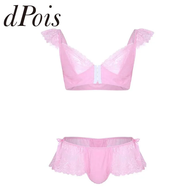 

2Pcs Mens Soft Lace Sissy Lingerie Set Spaghetti Strap Cap Sleeves Bra Top with Bikini Briefs Underwear Set Lingerie Erotic Set