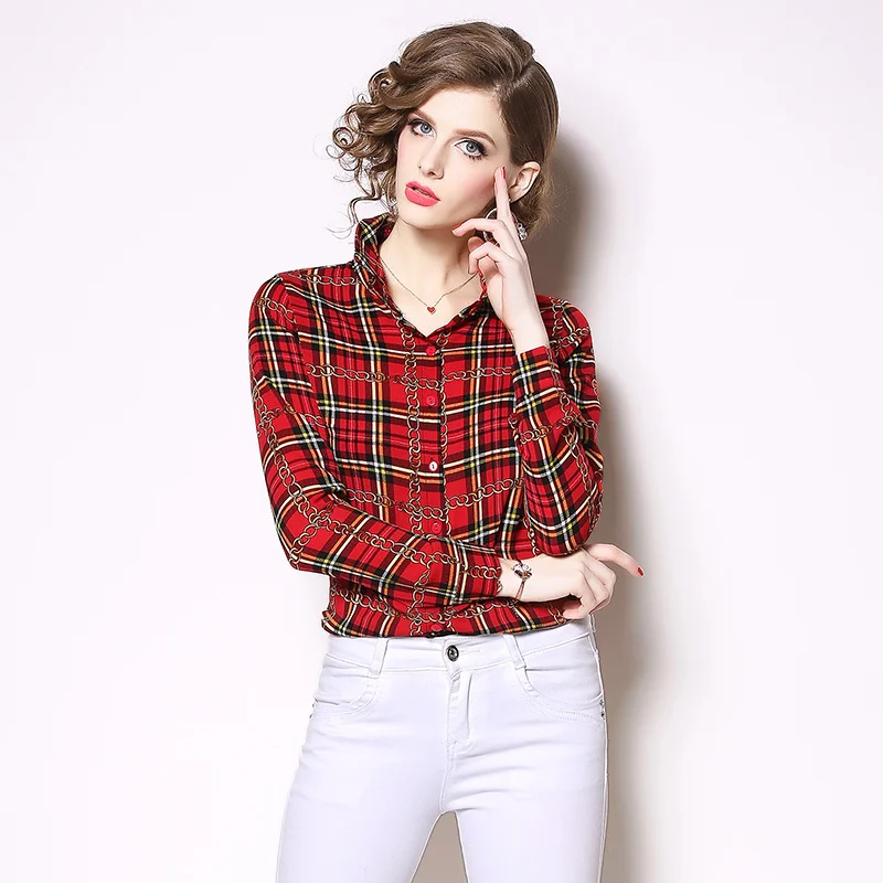 

Women's spring fashion positioning plaid long-sleeved shirt temperament print pattern long-sleeved shirt z-10-156