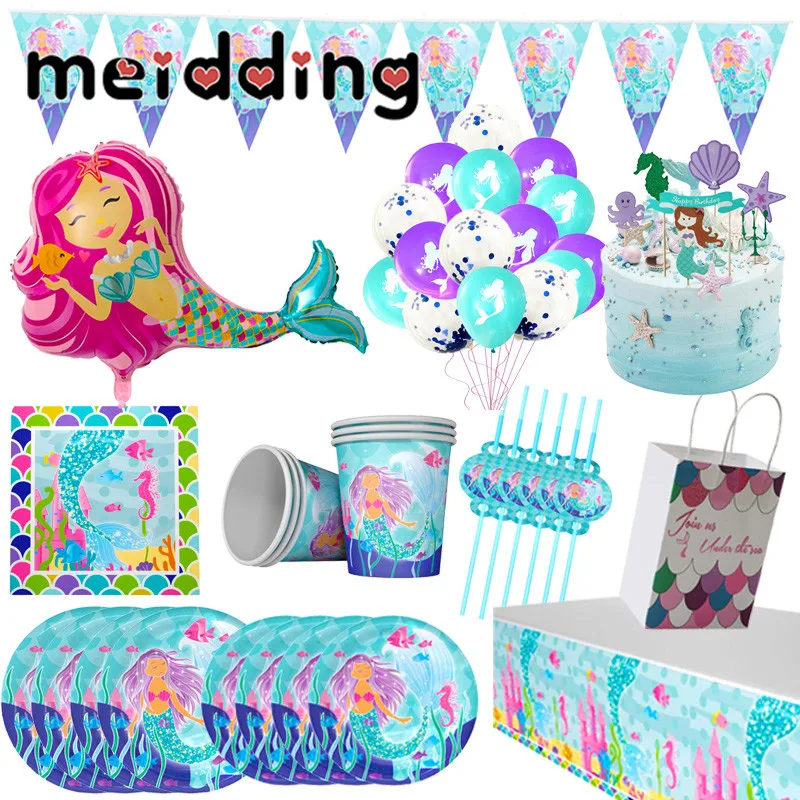 

MEIDDING Mermaid Party Disposable Tableware Decor Girl Kids First Birthday Party Decor Cake Topper Little Mermaid Party Supplies