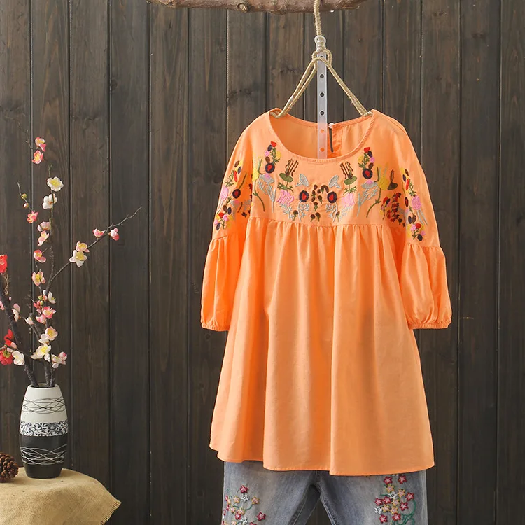 KYQIAO blusas mulher элегантная женская богемная Милая Этническая блузка с круглым вырезом белого, розового и оранжевого цветов с вышивкой, хлопковая блузка, рубашка, топы