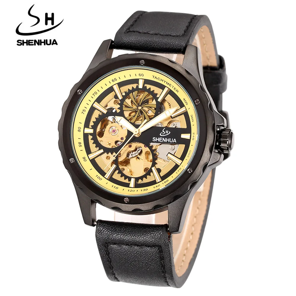 Brand Name SHENHUA Men Casual Sports Mechanical Watches Leather Band