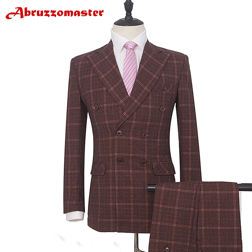 

Hot Sale Dinner Suit wine red Wedding suit Double Breasted woolblend Blazer Plaid Suit Groom Tuxedos 2psc Formal Suits