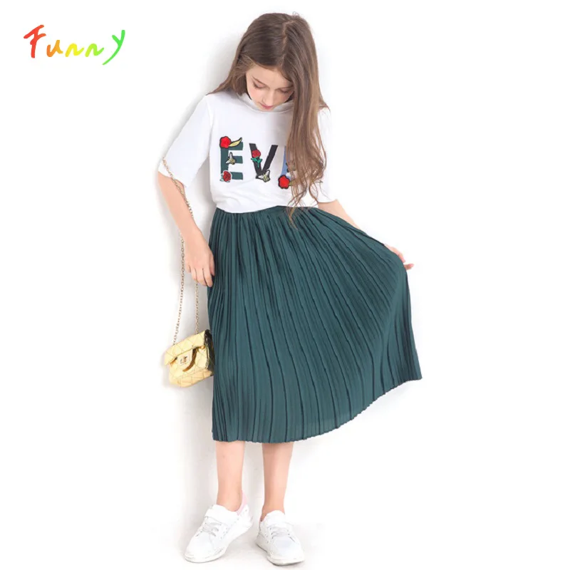 Girls Summer Outfit Sets Embroidery Cotton T-shirt and Pleated