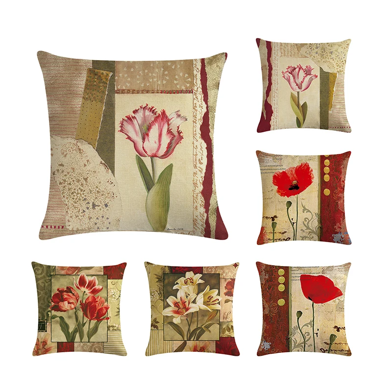 Cushion Cover Vintage Flower Style Pillow Cotton Linen Home Office Decor Red Throw Case | Дом и сад