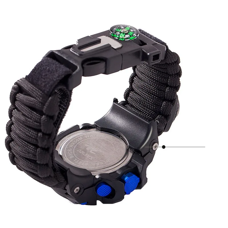 Survive Outdoor Watch Emergency with Night Vision 50M Waterproof Paracord Knife Compass Thermometer Whistles First Aid Kits