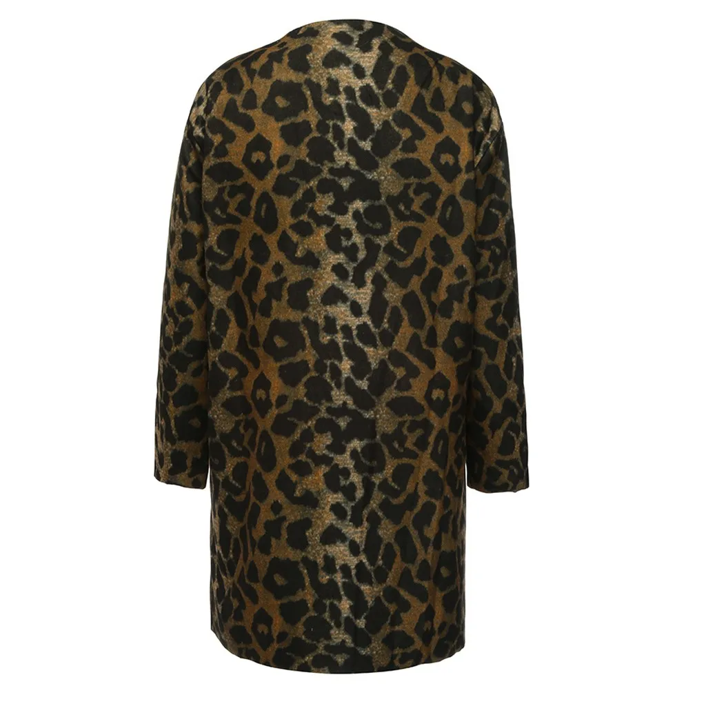 Sleeve Long Women's Thick Warm Coffee Leopard Winter Plus Autumn Size Coat pt Jacket Ladies Outerwear neck Casual V xwq1HxXIY4