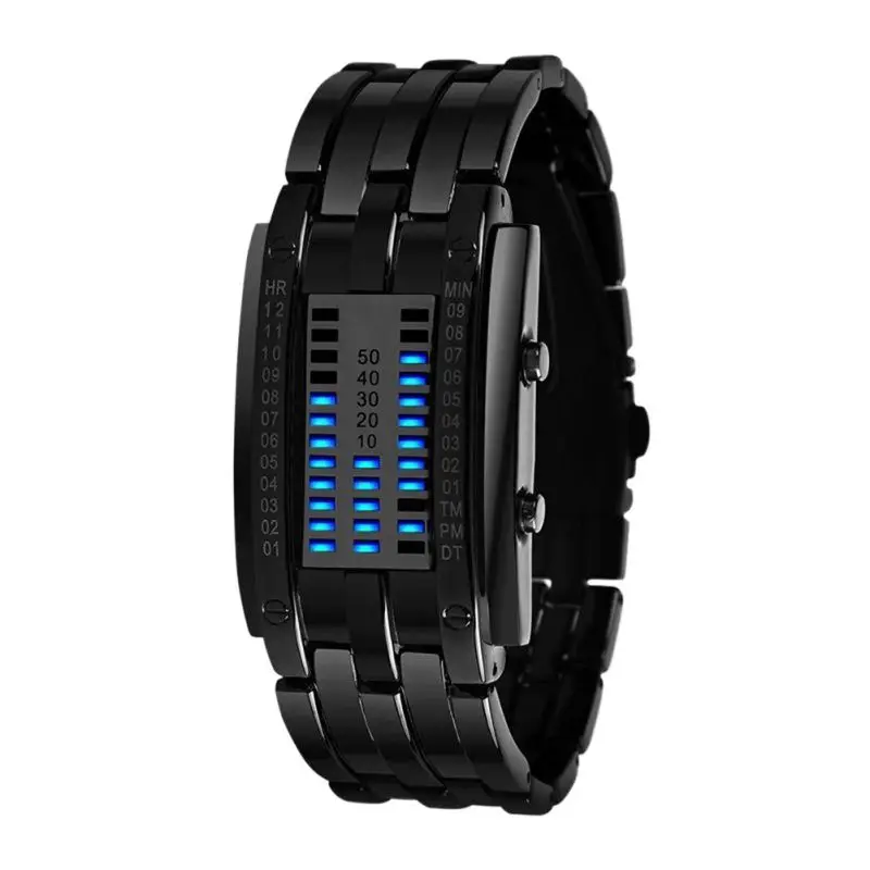 

Men's Women Black Stainless Steel Date Digital LED Bracelet Sport Watches Future Technology Binary Watch