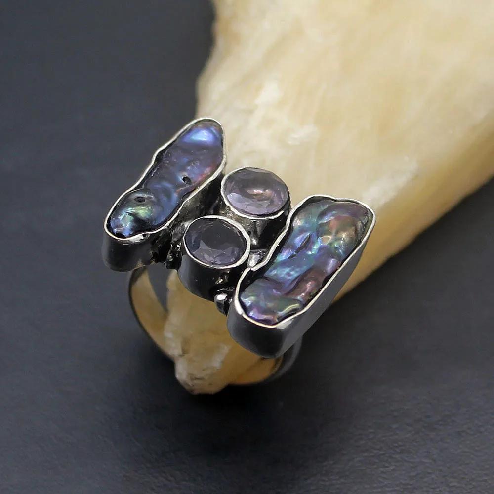 

Hermosa Trendy Hermosa Natural Biwa Pearl Purple Amethystt 925 Sterling Silver Band Ring Size 6.5 A530