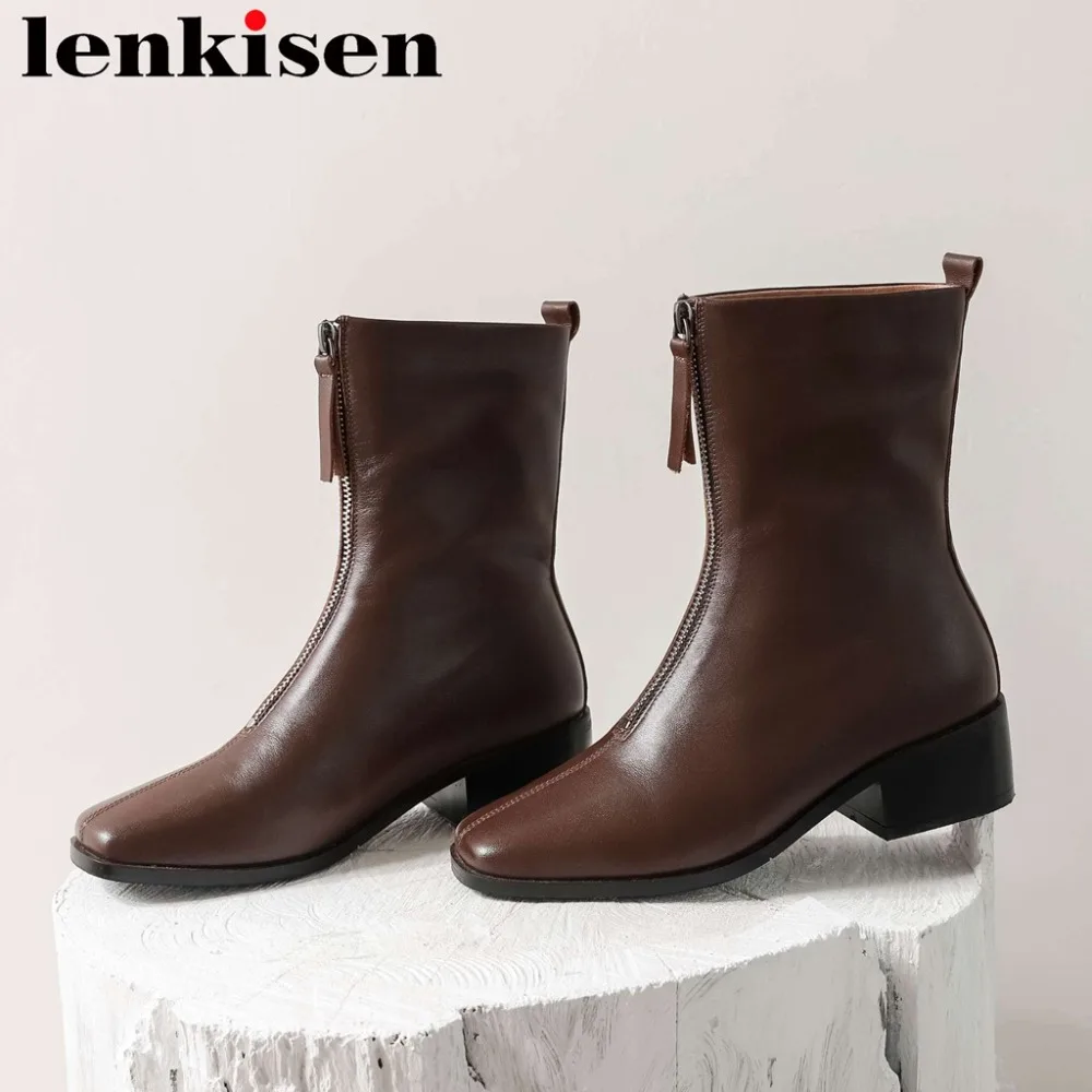 

Lenkisen natural leather new design square toe thick med heels zipper classic square toe british dailywear western boots L49