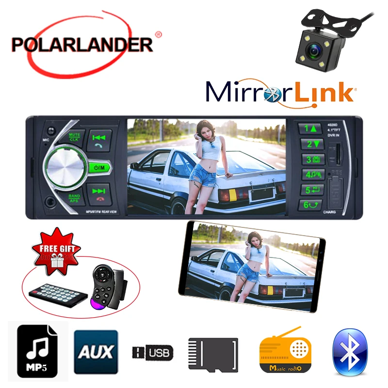 1 Din Bluetooth аудио 4,1 ''автомобильное FM радио DVR/камера вход стерео TF/USB/AUX в W/DVR 12 В Зеркало Ссылка для телефона Android