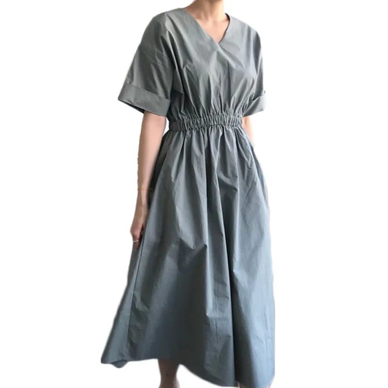 

2019 Women Fashion Elastic Shirt Dress Short Sleeve Long Causal Loose V-Neck Hot Sale Ladies ELegant Luxury Shirt Korea Dresses