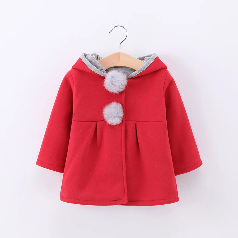 Осенне-зимняя верхняя одежда для малышей; куртка принцессы с капюшоном и милым кроликом для маленьких девочек; пальто с помпонами; рождественские подарки; Новогодняя одежда