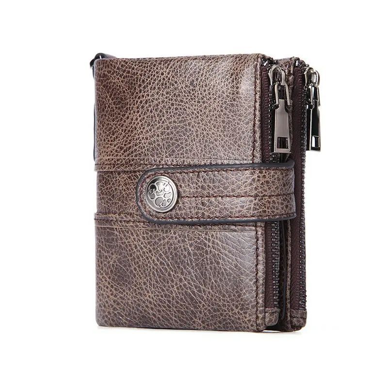 GENODERN Double Zipper Men Wallet of Hasp Design Genuine Leather Short Wallet for Men with Coin Pocket New Male Purse - Цвет: Coffee  Men Wallet