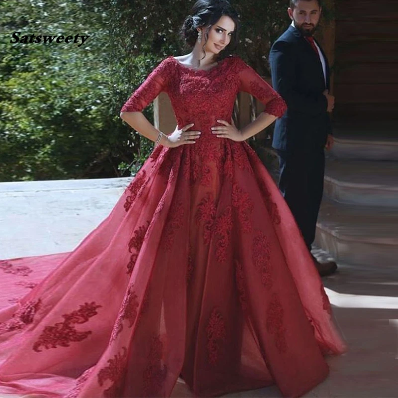 Burgundy-Lace-Evening-Gowns-Scoop-Neck-3-4-Long-Sleeves-Appliques-Tulle-Saudi-Arabic-Prom-Gowns