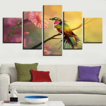 

HD Print Poster Modular Canvas Painting 5 Pieces of Flowers and Parrots Standing on Branches Landscape Art Picture Decoration